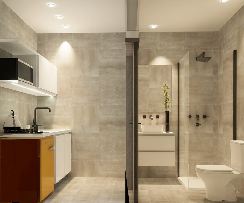 Kitchenet y baño completo con ducha de un local