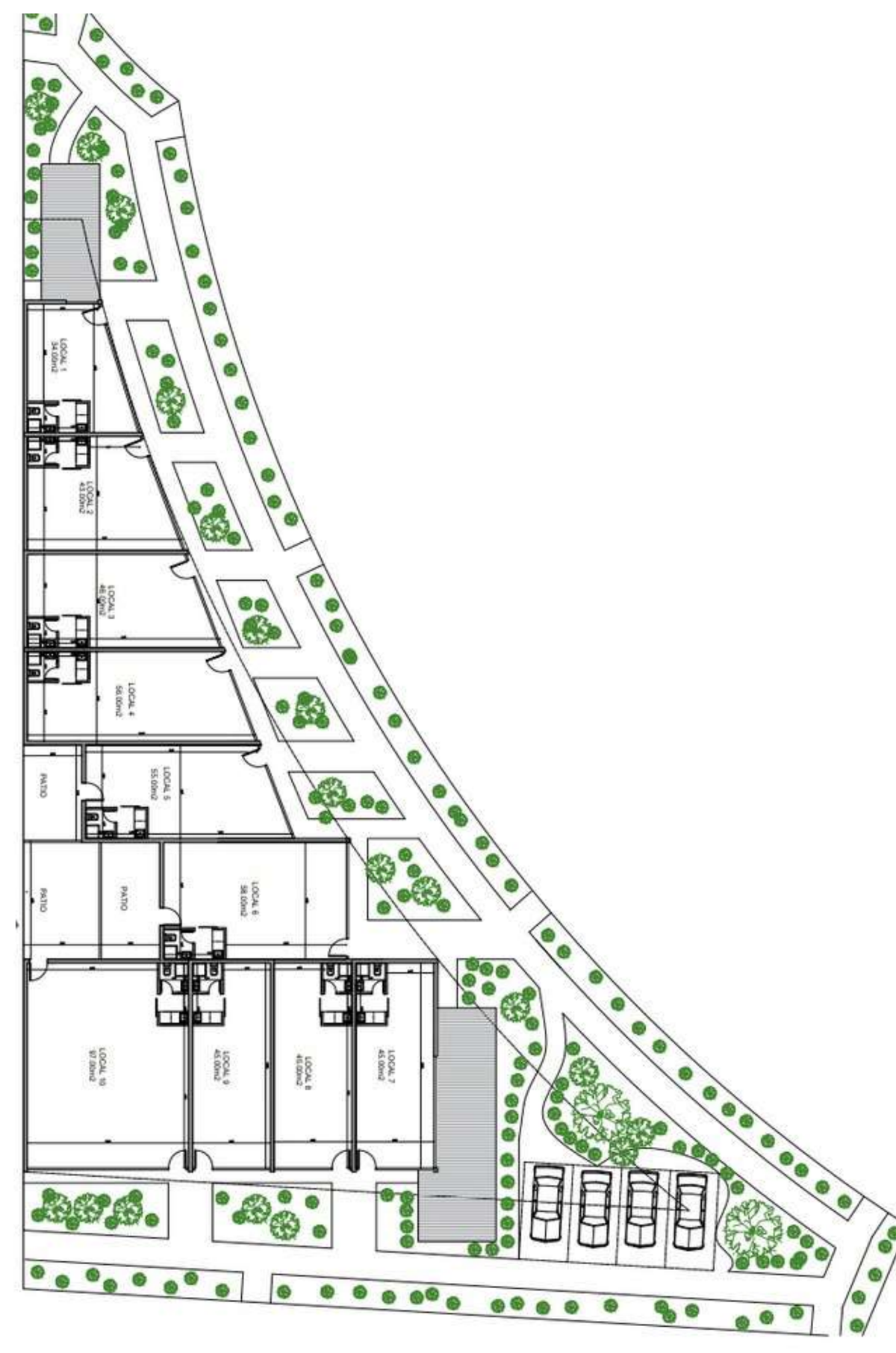 Implantación general del parque comercial con los 10 locales, el recorrido verde y el estacionamiento
