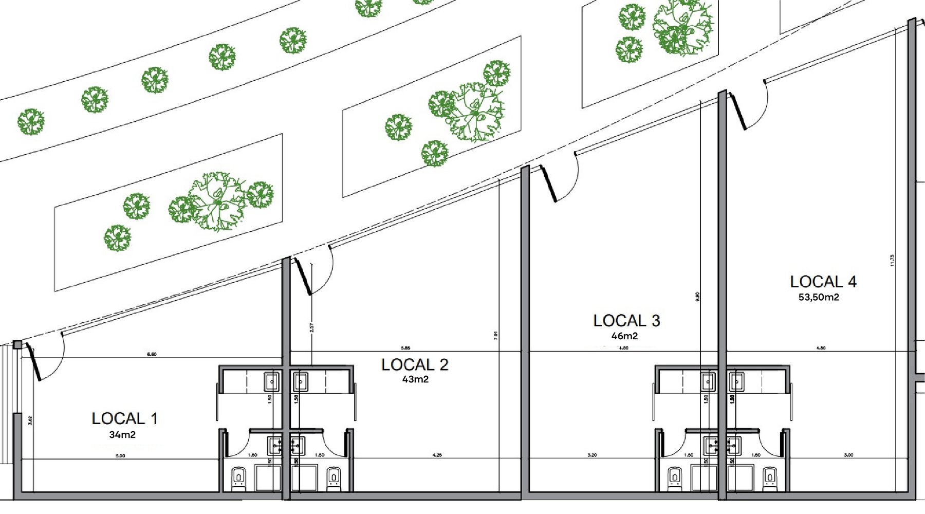 Plano de los locales 1 a 4 del Parque Comercial Barrio Mirage con sus superficies