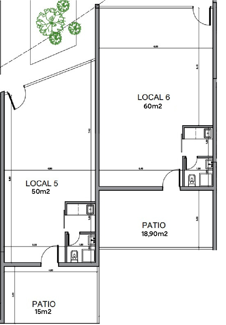 Plano de los locales 5 y 6 con sus patios