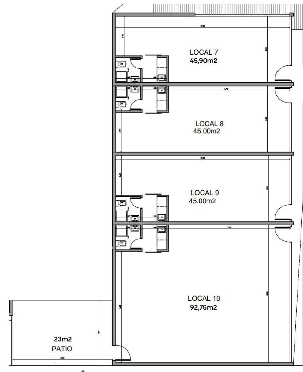 Plano de los locales 7 a 10 con el patio del local 10