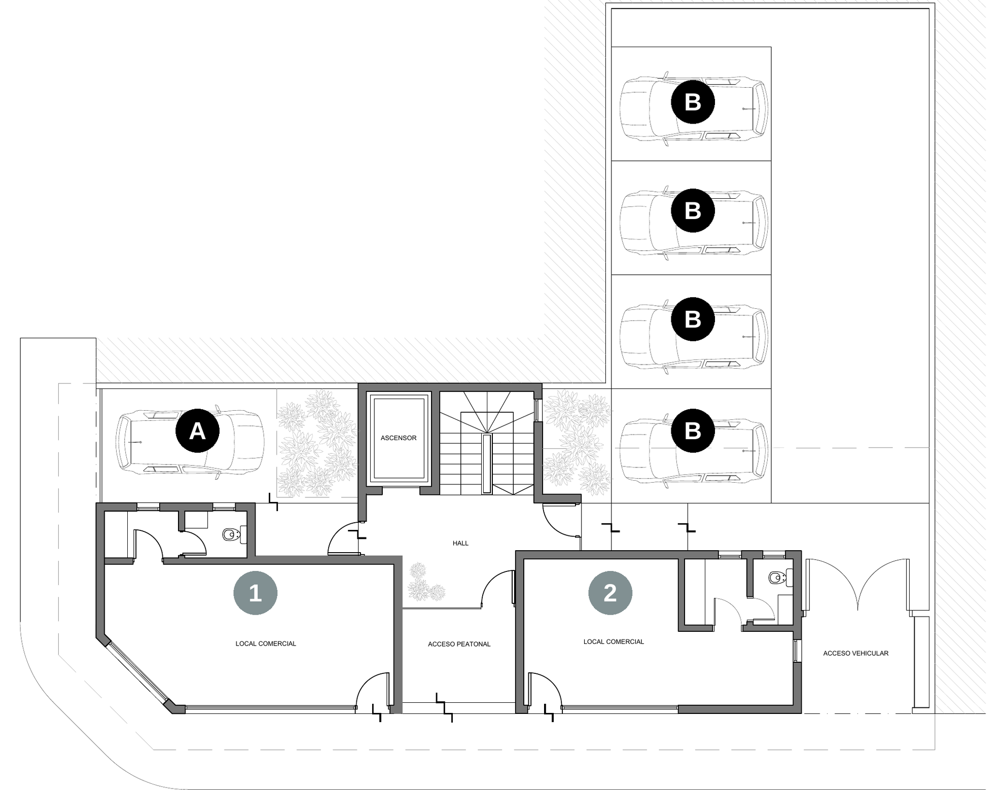 Plano de planta baja de Roble 208: locales comerciales, hall de acceso y cocheras