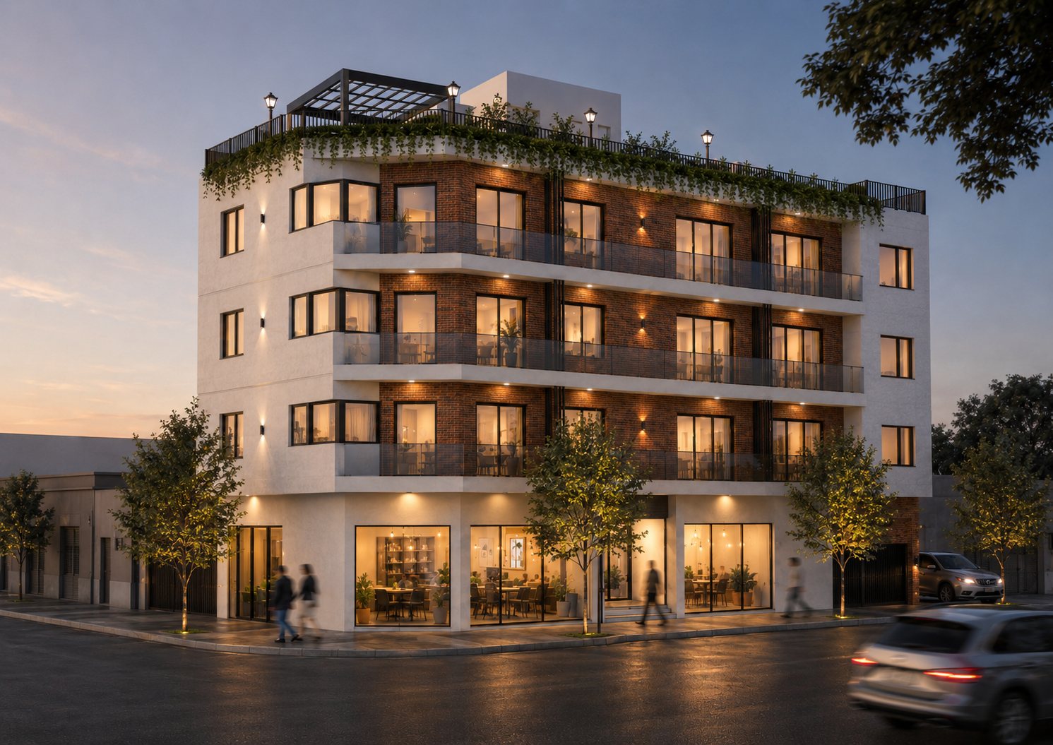 Roble 208, vista de esquina al atardecer