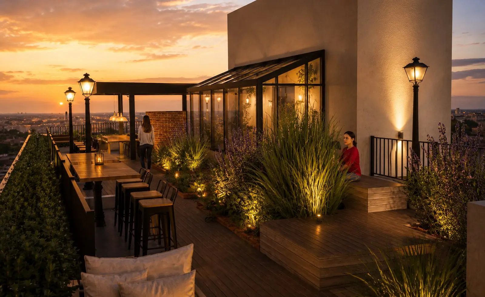 Terraza de Roble 208 con deck y mobiliario urbano