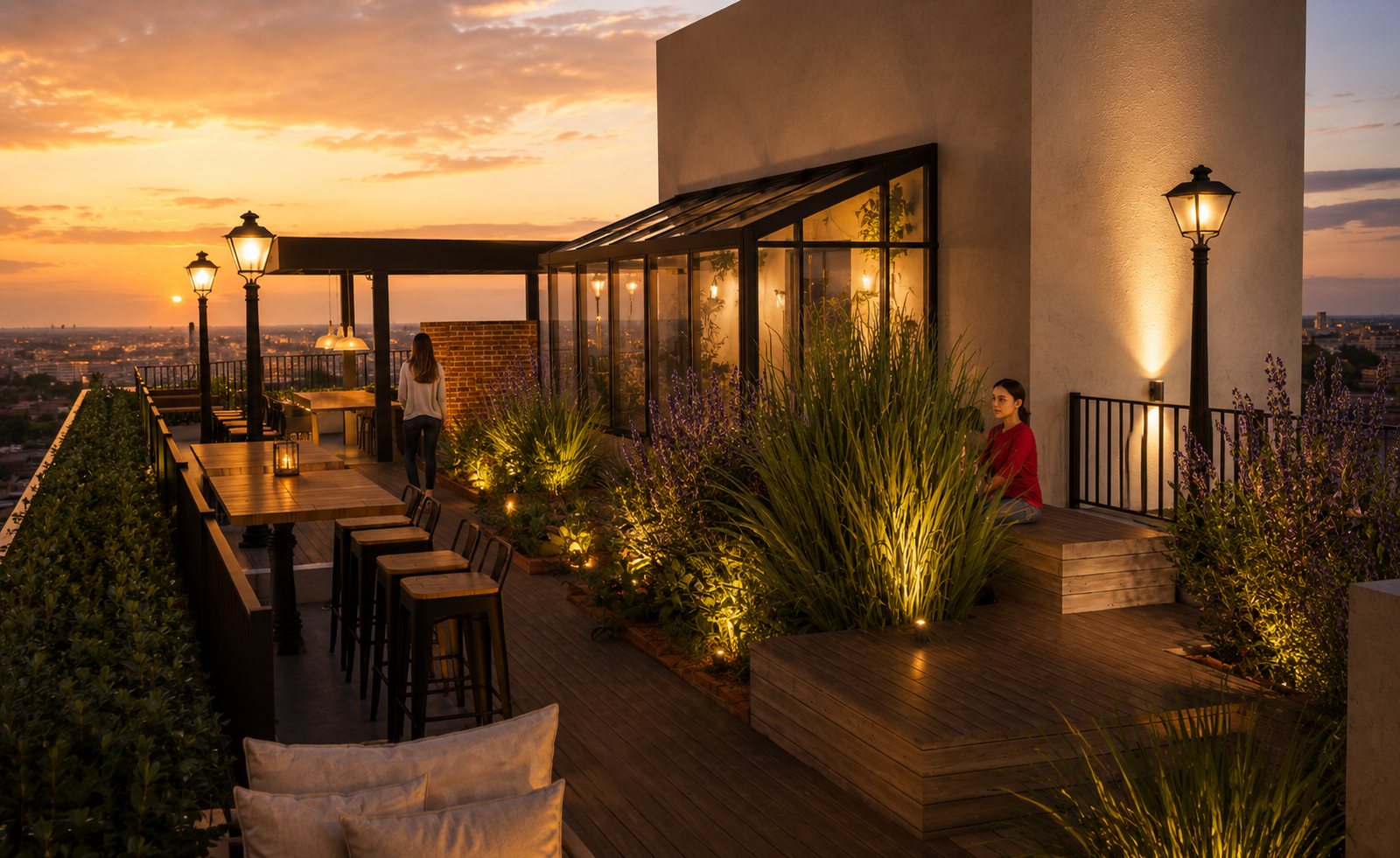 Terraza de Roble 208 con deck y mobiliario urbano