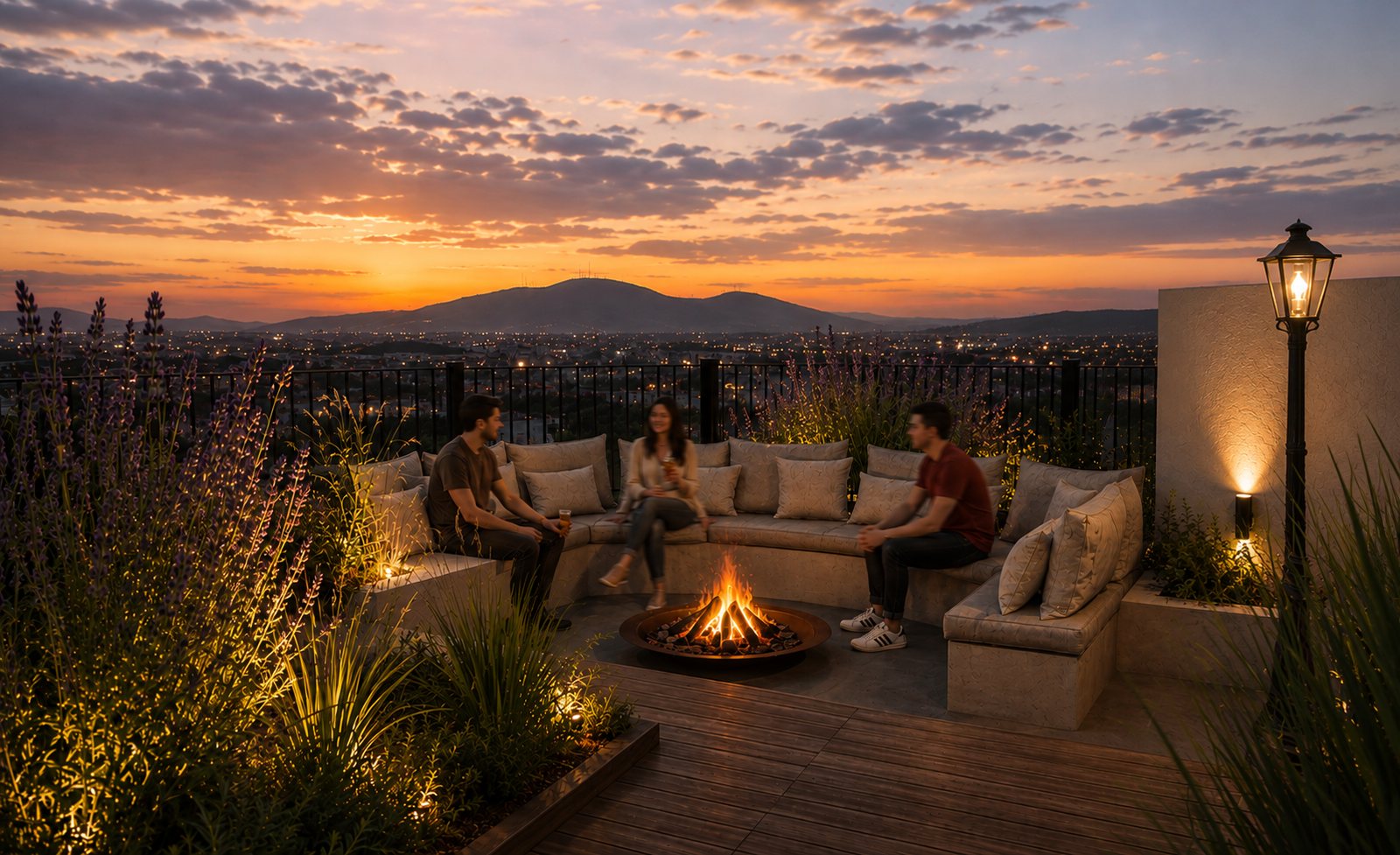 Terraza de Roble 208 con fogonero y vista a las sierras